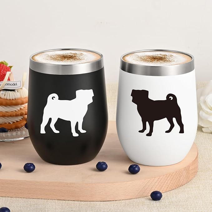 Lifecapido Pug Gifts for Pug Lovers, Pugs Silhouette 12oz Stainless Steel Wine Tumbler Set of 2, Birthday Christmas Gifts for Dog Lovers Dogs Parents Dogs Mom Dad, Black and White