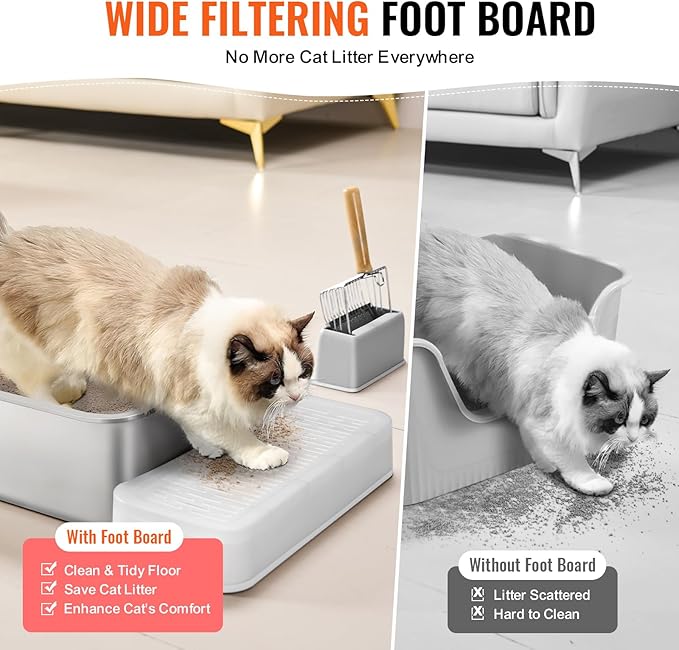 VEVOR 6'' Deep Stainless Steel Cat Litter Box,2 Pack XL Extra Large Metal Cat Litter Box for Big Cats,Non Sticky,Odor-Free &Easy-to-Clean,Include Filtering Foot Board & Scoop