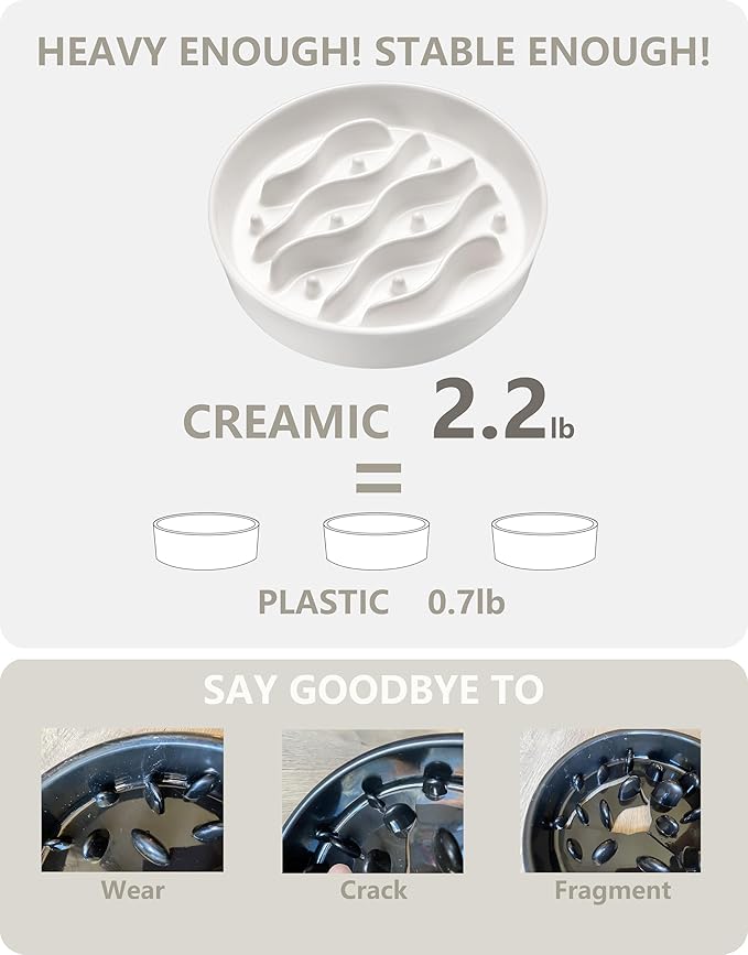 Ceramic Slow Feeder Dog Bowls Elevated, 2.0 Cups Dog Slow Feeder for Medium and Large Dogs, 30oz, 8in, White