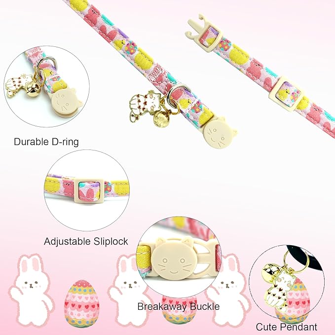 Elegant little tail Easter 2 Pack Cat Collar-Bunny Print Cotton Breakaway Cat Collars with Bell Pendant Kitten Safety Adjustable Collar for Small Cats Puppy