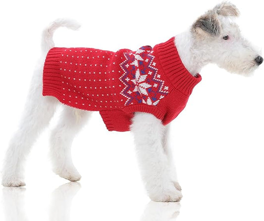 FUAMEY Dog Christamas Sweater, Warm Dog Sweater Classic Snowflake New Year Turtleneck Sweaters Knitwear Cold Weather Dogs Pullover for Small Medium Dogs Puppies & Cats Bulldogs Corgi with Leash Hole