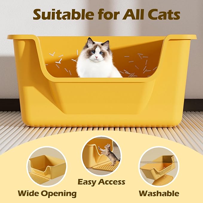 Large Cat Litter Box with High Sides,Cat Boxes for Indoor Cats,Cat Litter Pan for Kitty,Litter Box with Low Entry,Easy to Clean,Anti-Splashing(Yellow)