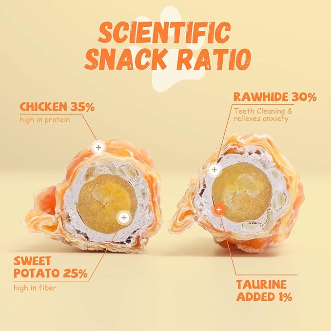 Dog Treats Large Breed, Chicken Wrapped Rawhide Sticks with Sweet Potato Sandwich, Rawhide Dog Chews Training Rewards Snacks for Small Medium Large Dogs, 6-7 Counts, 10.6 oz