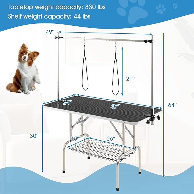 PETSITE 47 Inch Large Dog Grooming Table, Adjustable Pet Grooming Stand with Arms, Nooses, Mesh Tray, Foldable Pet Station at Home, 330 lbs Weight Capacity, Ideal for Dogs of All Ages, Black
