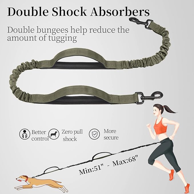 iYoShop Hands Free Dog Leash with Zipper Pouch, Dual Padded Handles and Durable Bungee for Walking, Jogging and Running Your Dog (Military Green, 8-25 lbs, Medium)