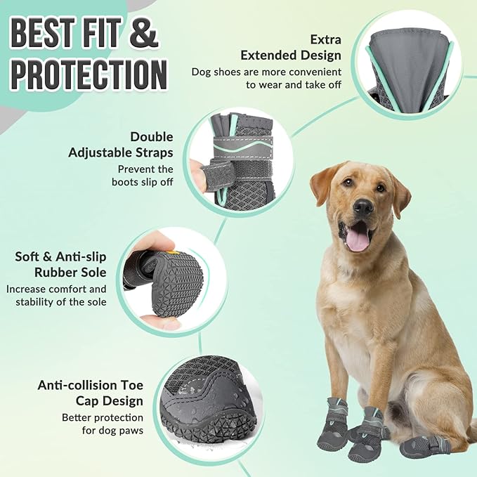 SlowTon Dog Shoes for Large Small Medium Dogs - Breathable Dog Boots for Summer Hot Pavement, Paw Protector for Outdoor Walking Winter Snow, Anti-Slip Rubber Dog Booties for Hard Floor (GY, 3)
