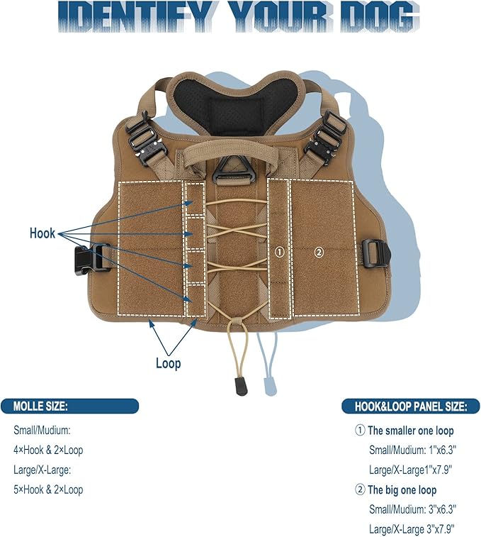 PETNANNY Tactical Service Dog Vest - No-Pull Emotional Support Harness with Hook & Loop Patches & Molle System for Training & Hunting (Khaki, Medium)