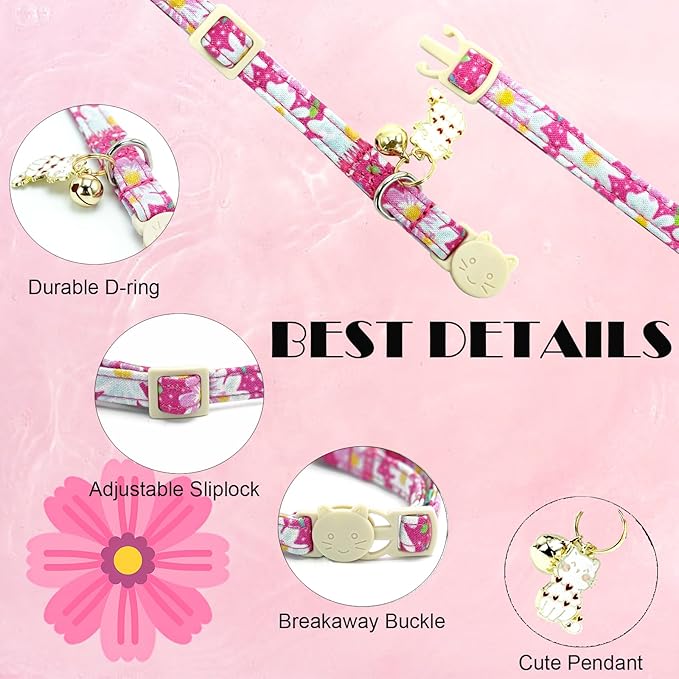 Elegant little tail 2 Pack Cat Collar-Pink Floral Print Cotton Breakaway Cat Collars with Bell Pendant Kitten Safety Adjustable Collar for Small Cats Puppy