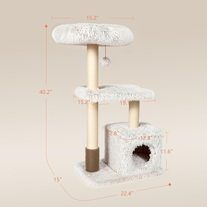 KAMABOKO 41" Tall Cat Tree - Wooden Cat Trees Tower with Cat Condo, Hammock & Top Perch, Modern Tall Cat-Tree w/Natural Sisal Posts for Climb Scratch Play Rest