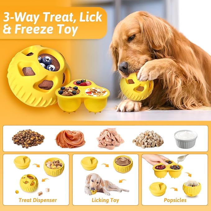 Treat Dispensing Dog Toys & Dog Puzzle Toy to Keep Them Busy, Bite and Brush Dental Toy for Medium Large Dogs Bathing Grooming, Enrichment Toys Freeze Ball for Dogs (Blue Yellow)