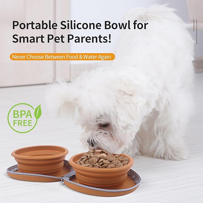 Collapsible Dog Bowls, 2-in-1 Pet Portable Travel Double Bowl Water Food Feeder Traveling Camping & Walking 25oz Brown