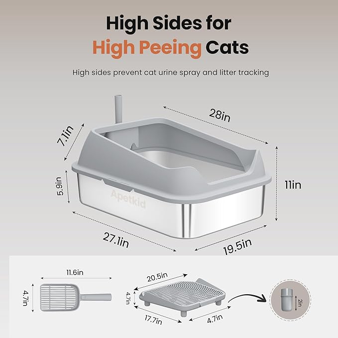 XXXL Stainless Steel Cat Litter Box with Extra Large Litter Box Step,28"X20"X13" Metal Litter Boxs High Sides for Big Cats and Multiple Cats,Includes Litter Scoop & Non-Stick Bottom