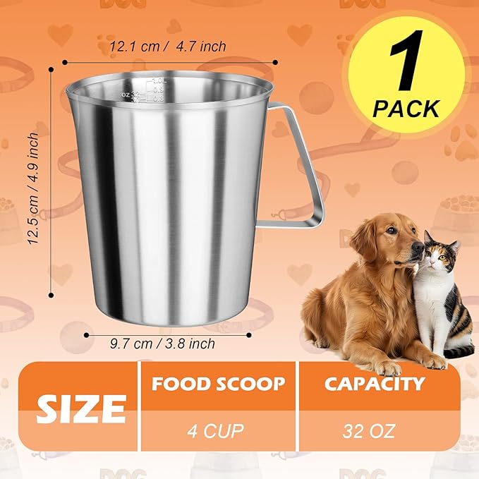 4 Cup Dog Food Scoop 304 Stainless Steel Dog Food Measuring Cups for Cat or Bird Pet Foods, Injection Molded and Dishwasher Safe (4 Cup)
