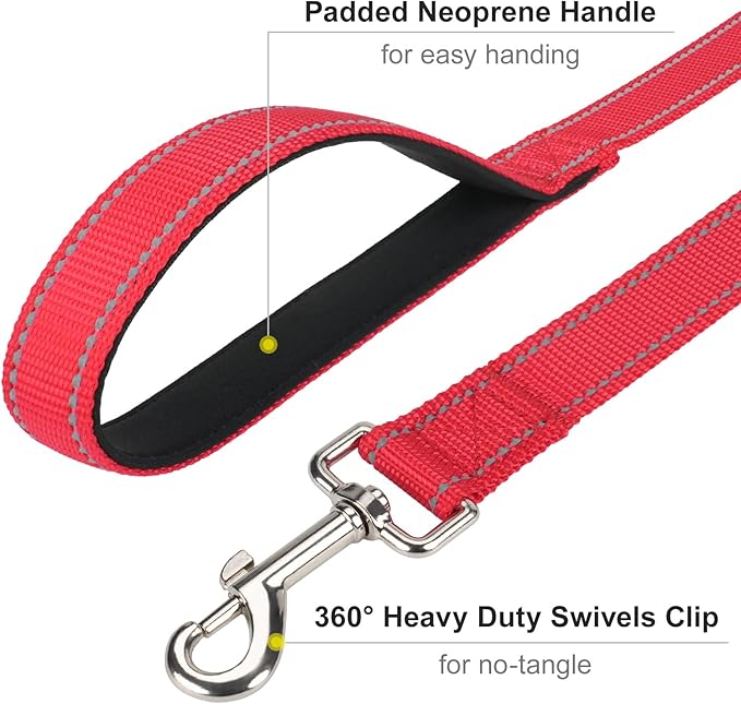 6FT Reflective Nylon Dog Leash with Soft Padded Handle for Walking, Running and Training, Supports Small Medium and Large Dogs (Red, 1 Inch Wide)