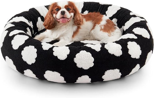JOEJOY Donut Cat Beds for Indoor Cats, Round Calming Small Dog Bed with Removable Washable Cover, Orthopedic Cute Puppy Kitten Pet Bed with Jacquard Shaggy Plush & Non Skid Bottom, Black