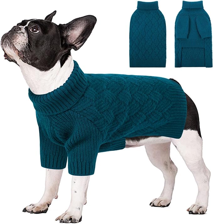 SUNFURA Dog Sweater, Christmas Sweaters for Large Dogs, Solid Color Dog Pullover for Fall Winter, Warm Sweatshirt Knit Turtleneck for Corgi, French Bulldog, Blue L