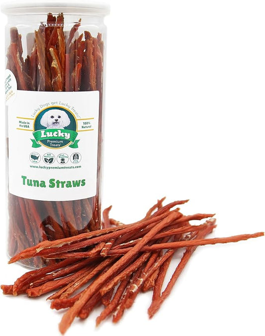 Tuna Jerky Straws Dog Treats – Single Ingredient, All-Natural Dehydrated Fish Jerky Treats – High Protein, Low Fat, Grain Free, High in Omega-3 – Made in USA – 7 oz Jar