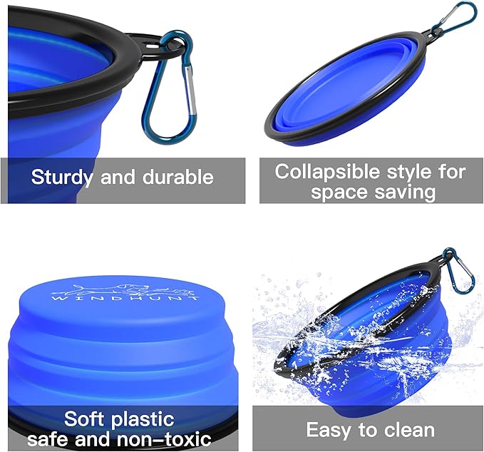 2-Pack Collapsible Dog Bowls, Portable Travel Pet Bowl with Carabiner – Foldable Silicone Feeding Dish for Dogs and Cats On-The-Go (Green + Blue)