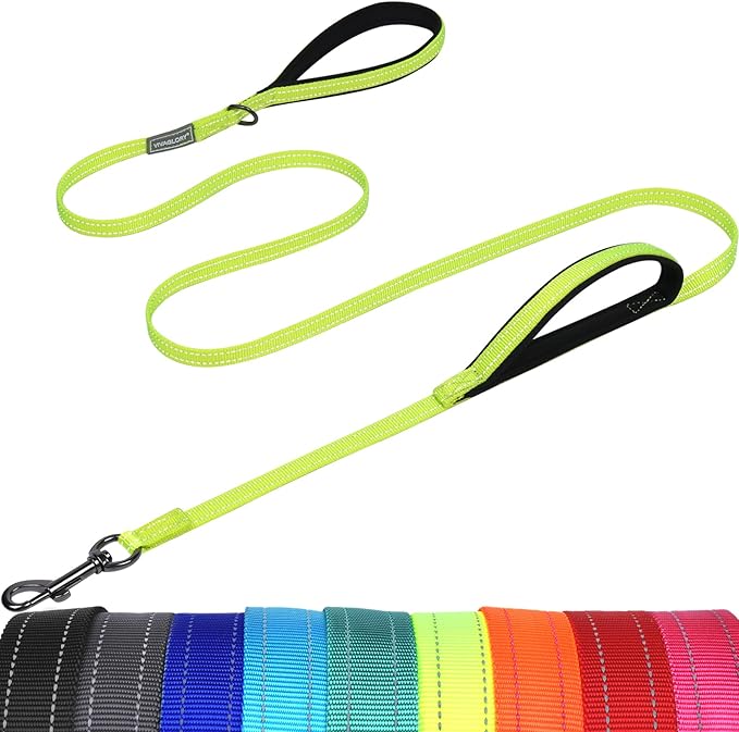 VIVAGLORY Twingrip Dog Leash, Double Handle Dog Leash for Training & Walking with Traffic Handle & 2 Loop, Traffic Control Reflective Heavy Duty for Puppy Pet, 4ft x 1/2in, Bright Yellow