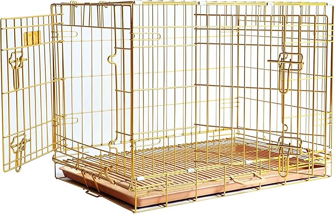 HOMEY PET Copper Gold Dog Crate 30 Inch, Portable Folding Metal Wire Dog Kennel Pet Dog Cage with Removable Floor Grid, Pull Out Pan, Double Doors, Handle for Medium-Small Breed Dogs Indoor Travel
