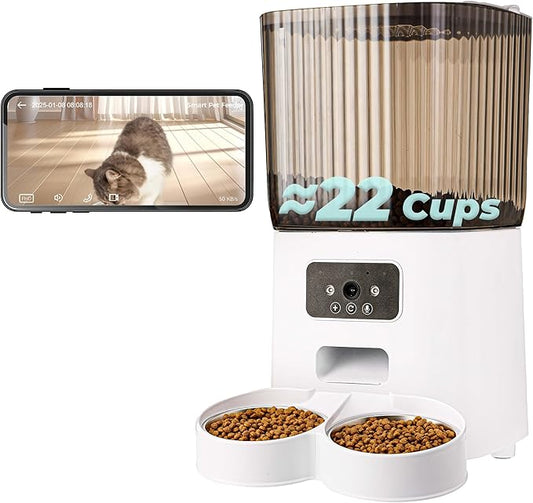 Automatic Cat Feeder with Camera, 5L Smart Dog Food Dispenser with App Control, 1080P Night Vision, Two-Way Audio. 22 Cups Large Hopper, Motion Detection, Timer (5L Double Bowl)
