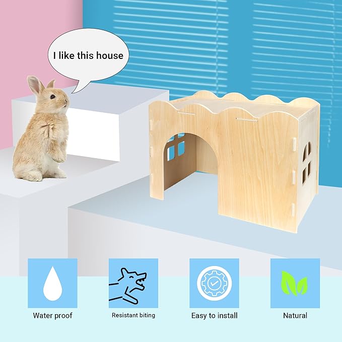 Rabbit Hideout, Natural Wooden Chew Proof Hideaway Hut for Small Pets (Wood, Rabbit)