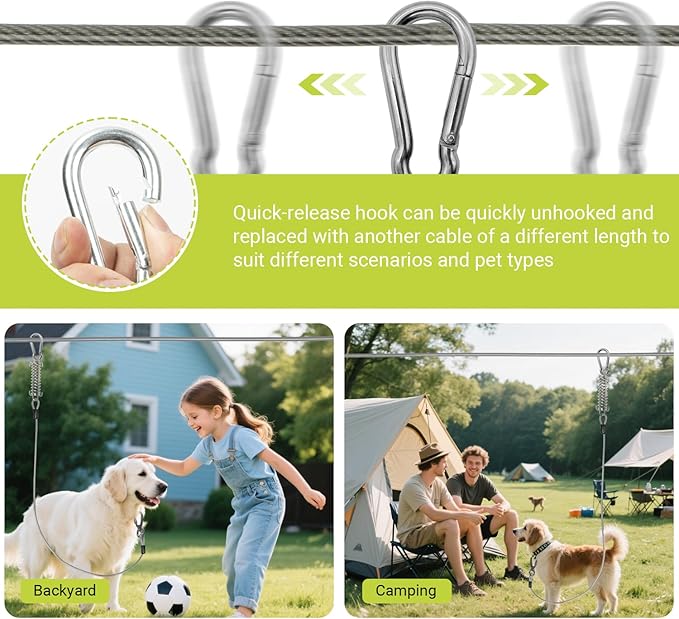 Heavy-Duty Dog Tie-Out Cable Runner System for Yard & Camping, 50/100/120ft with 10/15ft Pulley Line, Supports Dogs Up to 250lbs (Black, 100FT)