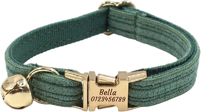 Cute Custom Cat Collar with Bells & Name Tag, Personalized Cat Collars for Girl & Boy Cats, Kitten Collar with Bell (Green-Striped)