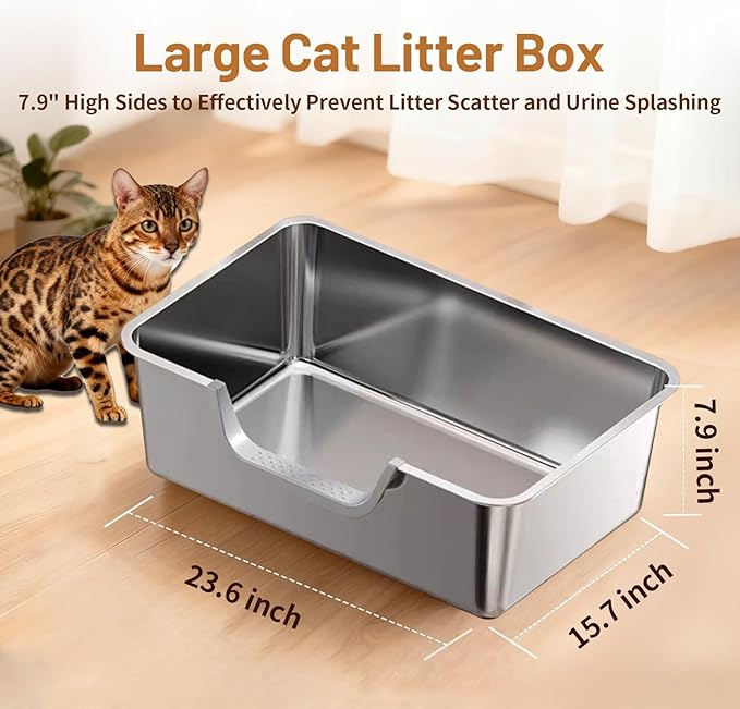 XL Stainless Steel Cat Litter Box, Leak Proof 7.9 Inch High Sides Metal Litter Pan Tray, No Stick No Slip Easy Clean Low Entry Litter Boxes for Older Senior Big Cats, Kittens, 23.6"×15.7", Silver