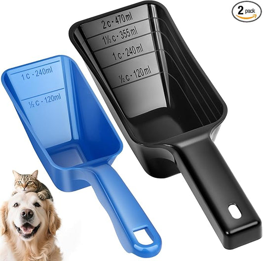 2 Pack Dog Food Scoop with 1 Cup and 2 Cup Capacity, Plastic Pet Food Measuring Scoops with Clear Measurement Lines for Dogs, Cats & More,Dishwasher safe (Blue and Black)