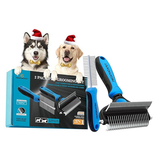 Dog Brush for Shedding, Deshedding Dog Brush for Long Haired Dogs, Cat Grooming Set 2 in 1 Undercoat Rake with Flea Comb-Large