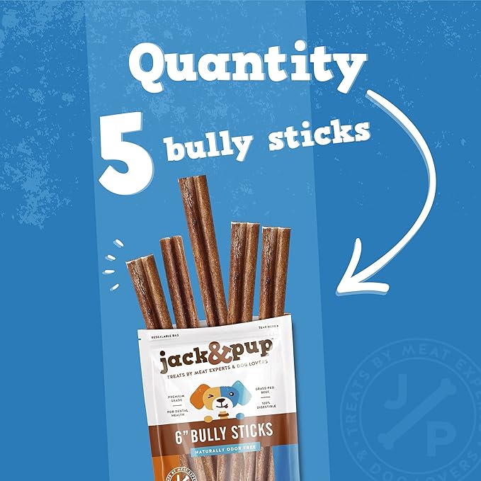 Jack&Pup 6 Inch Thick Bully Sticks for Dogs (5 Pack) Bully Stick Dog Chews, Single Ingredient 100% Beef Bully Sticks for Medium and Large Dogs