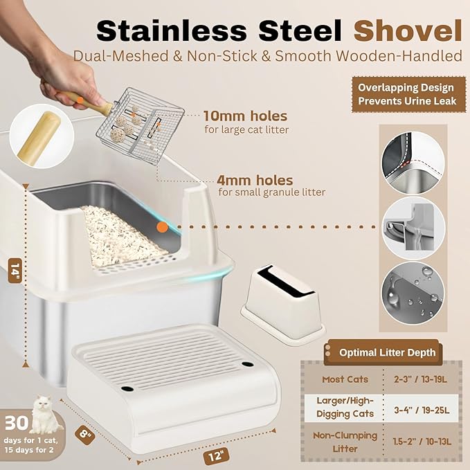 Fully Enclosed XXL Stainlessss Steel Litter Box with Lid, 8" Deep Pan, Large Stainless Steel Cat Litter Box for Big Cat with Scoop, Step Board, Mat, Brush, Odor-Free, Anti-Leak, Non-Stick (White)