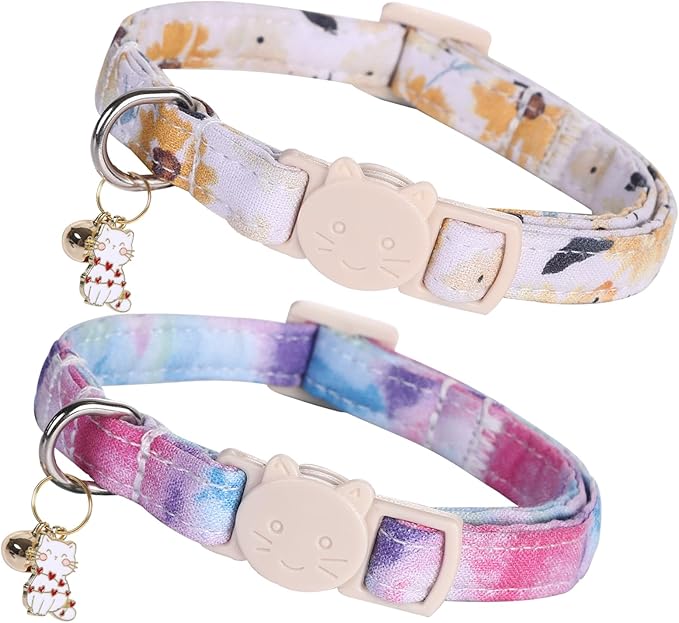 Elegant little tail 2 Pack Cat Collar- Sunflower Print Cotton Breakaway Cat Collars with Bell Pendant Kitten for Girl Safety Adjustable Collar for Small Cats Puppy