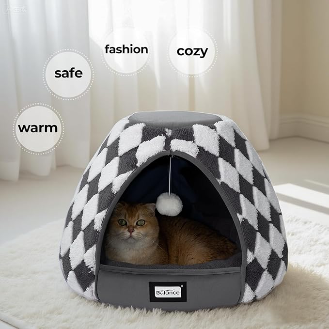 BALANCE Cat Beds for Indoor Cats, 2-in-1 Cat Bed Cave with Anti-Slip Bottom and Ultra-Soft Plush, Cozy Cats House Tent for Kittens and Small Dogs, 21 Inches, Dark Grey