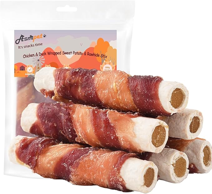 ASMPET Dog Treats Bones, Chicken Duck Wrapped Rawhide Sweet Potato Sticks for Small Medium Large Dogs