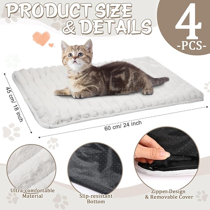 Nuanchu 4 Pack Self Warming Cat Bed Self Heating Dog Cat Pad 24"x18" Dog Crate Mat Extra Warm Thermal Pet Pad for Indoor Outdoor Pets Houses with Removable Washable Cover Non Slip(White)