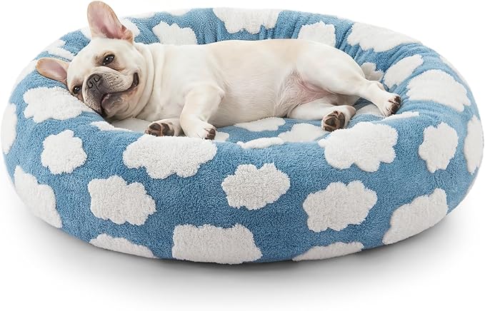 JOEJOY Donut Small Dog Bed, Round Cat Beds for Indoor Cats with Removable Washable Cover, Orthopedic Cute Puppy Kitten Pet Bed with Jacquard Shaggy Plush & Non Skid Bottom, Black