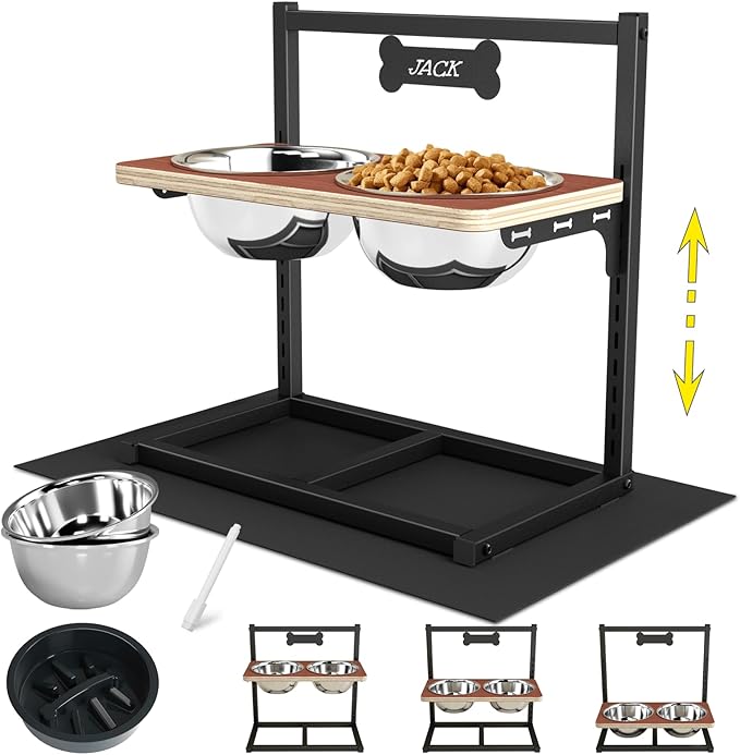Elevated Dog Bowls with Slow Feeder - 9 Heights Adjustable Raised Dog Bowl Stand with Two 1.7L Stainless Steel Dog Food Bowls & Slow Feeder and a Nonslip Pad, Perfect for Medium Large Breed