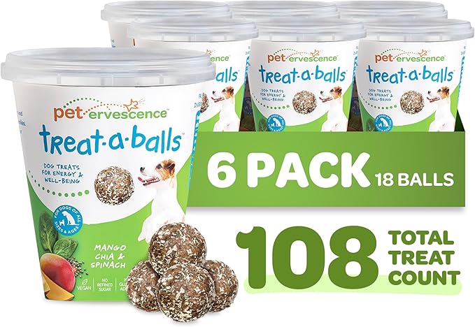 Nutritious All Natural Bulk Dog Treats - Vegan, Fiber-Rich, Human-Grade - All Breeds, Sizes, Ages - Made in New Zealand - Mango, Spinach & Chia - 6pk (108 Dog Treats Bulk)