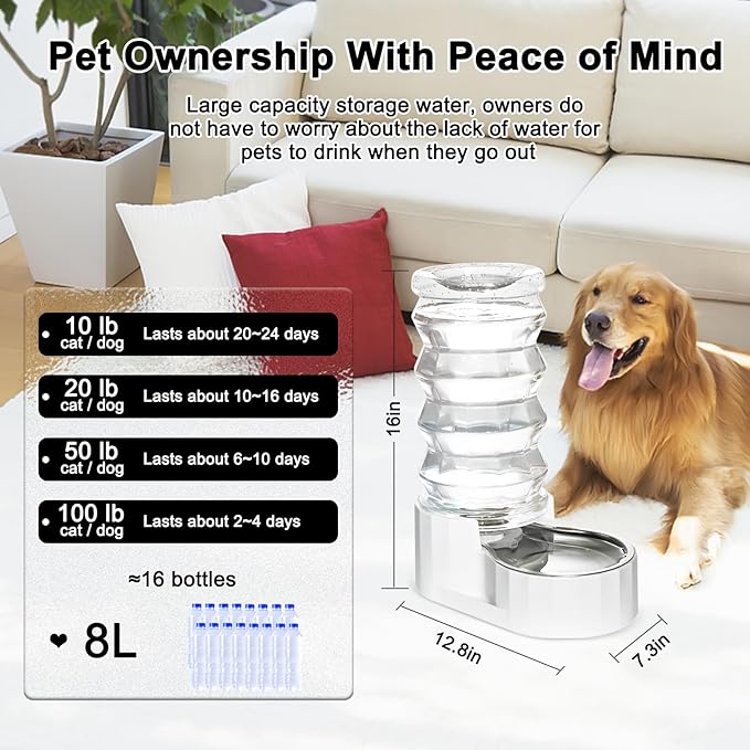 RIZZARI Large Gravity Water Dispenser: 8L Automatic Stainless Steel Dog Water Feeder with Specialized Brush and Triple Filter for Senior Pets with Spinal Problems - for Kitchen Living Room