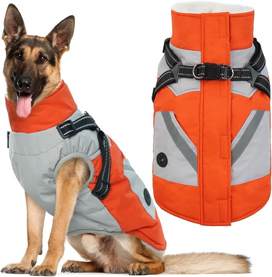 IECOii Dog Coat for Large Dogs, Orange, X-Large - Waterproof Winter Fleece Jacket with Harness, Turtleneck, Reflective Straps, Zipper Closure