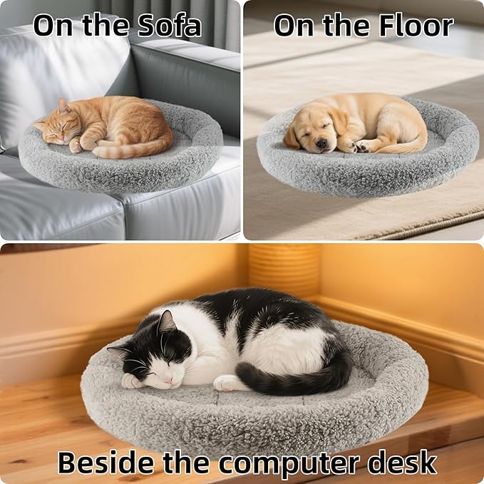 PETLESO Large Cat Bed Mat 19.5" Round Pad with Pillow Around, Soft Warm Plush Cushion for Small to Medium Dogs Cats Sleep/Nap, Neck Protection Mattress, Non-Slip Washable, Large