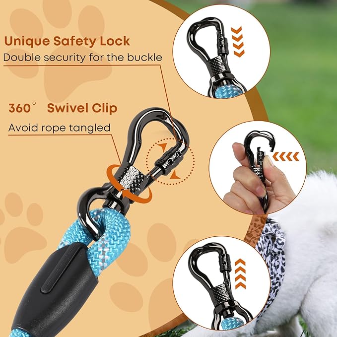 100FT Long Dog Leash for Dog Training, Lockable Hook Reflective Leash, Heavy Duty Dogs Lead Tie Out Rope for Large Medium Small Dogs Outside Walking, Playing, Camping, or Yard