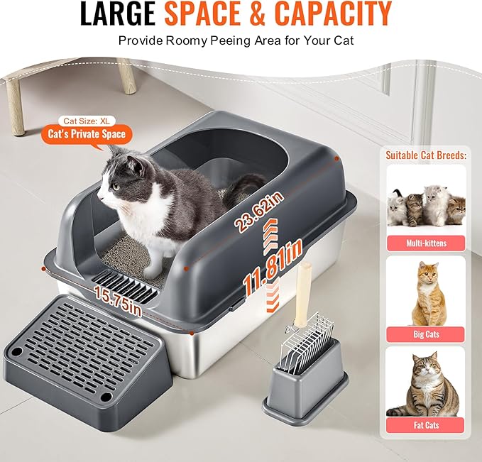 VEVOR Stainless Steel Cat Litter Box with Lid, XL Extra Large Enclosed Cat Box for Big Cats, High Sides Metal Litter Box, Anti Leakage,Odor-Free & Easy Cleaning,Include Scoop & Foot Board