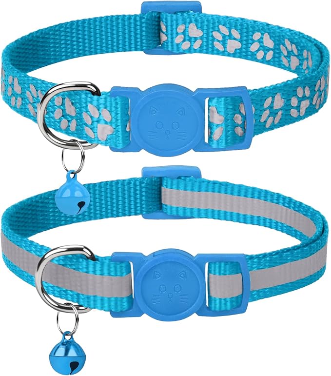 Taglory Reflective Cat Collar Breakaway with Bells, 2 Pack Girl Boy Pet Cat Collar Adjustable 7.5-12.5 Inch, Sky Blue
