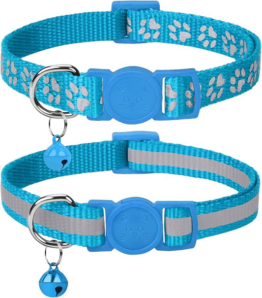 Taglory Reflective Cat Collar Breakaway with Bells, 2 Pack Girl Boy Pet Cat Collar Adjustable 7.5-12.5 Inch, Sky Blue