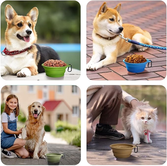 PetBonus 2-Pack Silicone Collapsible Dog Bowls, BPA Free Dishwasher Safe, Portable Foldable Expandable Travel Bowl, Food Water Feeding Cup Dish for Dogs Cats with 2 Carabiners(Light Mint,Beige Cream