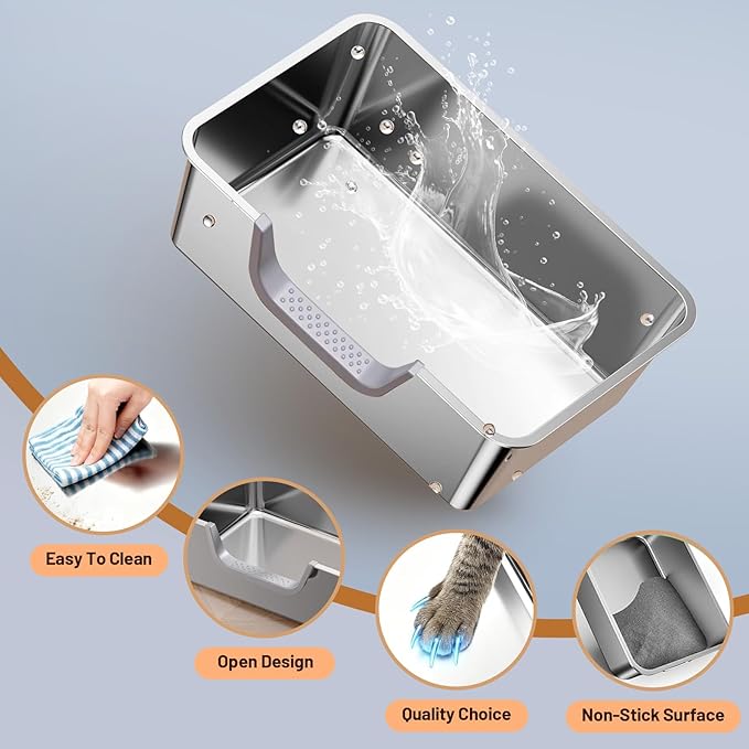 XL Stainless Steel Cat Litter Box, Leak Proof 7.9 Inch High Sides Metal Litter Pan Tray, No Stick No Slip Easy Clean Low Entry Litter Boxes for Older Senior Big Cats, Kittens, 23.6"×15.7", Silver