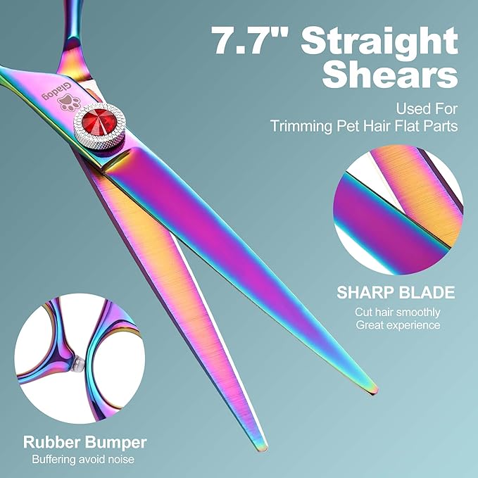 GLADOG 7 Inch Professional Dog Grooming Scissors Kit, Titanium Dog Scissors for Grooming, Heavy-Duty Dog Shears for Grooming, 6-in-1 Pet Grooming Scissors for Dogs (Pro Rainbow)